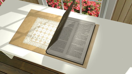 Insert a verse or Scripture into this 3D animation of a bible opening up on a table in a sunroom. The camera zooms in a section of a page, serving as a background for your text. 