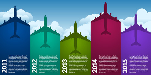 Color airplanes symbol with graph and template text. Sky background and simple clouds.