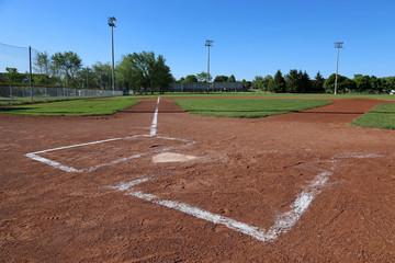 A low angle shot of a baseball field..