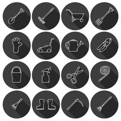 Set of cute cartoon hand drawn icons with shadow on garden tools