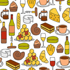 Seamless background with cartoon cute hand drawn objects on