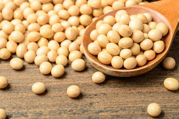 soybean on the wooden board, tilt shift lens