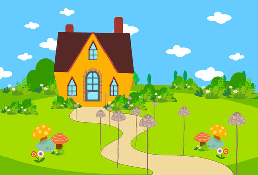 Cute House Bacground With Mushroom