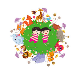 funny animals and happy kids on the ground round. Bright background in a cute and cartoon style