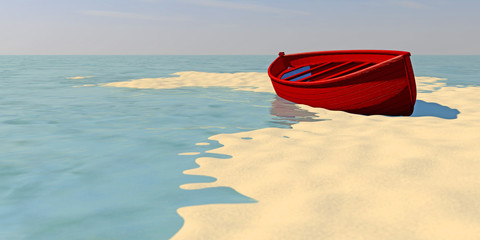 High quality 3D render of a red painted wooden boat on a sandy beach among tide-pools at high tide.
