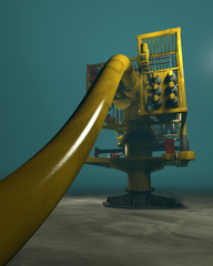 High quality 3D render of an underwater oil and gas wellhead. Fictitious oil and gas equipment. Murky water to emphasize depth, and blurred image for dramatic effect.