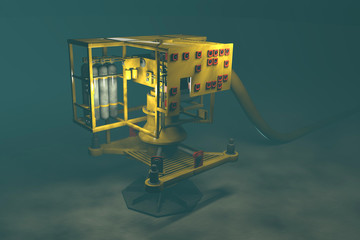 High quality 3D render of an underwater oil and gas wellhead. Fictitious oil and gas equipment. Murky water to emphasize depth, and blurred image for dramatic effect.