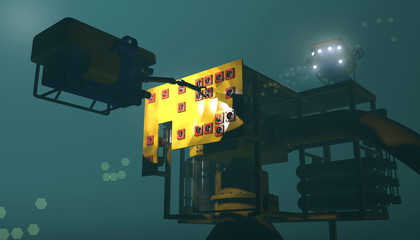High quality 3D render of an ROV manipulating a control valve on an underwater wellhead. Fictitious ROV, oil and gas equipment. Murky water to emphasize depth, and blurred image for dramatic effect. - obrazy, fototapety, plakaty