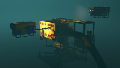 High quality 3D render of an ROV manipulating a control valve on an underwater wellhead. Fictitious ROV, oil and gas equipment. Murky water to emphasize depth, and blurred image for dramatic effect.