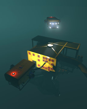 High quality 3D render of an ROV manipulating a control valve on an underwater wellhead. Fictitious ROV, oil and gas equipment. Murky water to emphasize depth, and blurred image for dramatic effect.