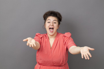 dynamic 20s big woman acting thrilled, wearing colorful vintage dress, expressing joy and...