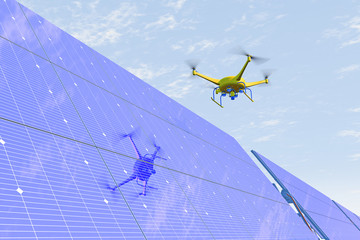 Naklejka premium High quality 3D render of a UAV drone in flight inspecting solar panels. Fictitious UAV drone is a unique design. Drone reflected on panels, blue overcast sky; motion blur for dramatic effect.