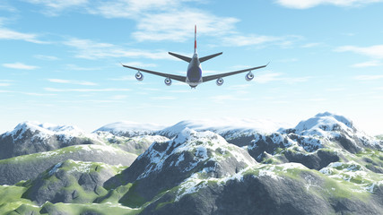 The plane flies over the snow-capped mountains