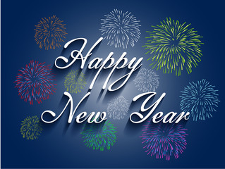 Beautiful text Happy New Year with fireworks illustration