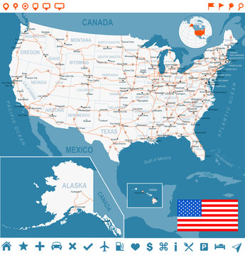 United States, USA map. Highly detailed vector illustration.Image contains layers with land contours, country and land names, city names, water object names, flag, navigation icons, roads, railways.