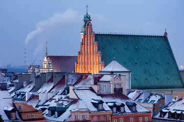 Old Town of Warsaw Snowy Roofs in Winter