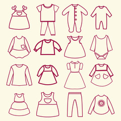 baby and children clothes collection outline icons