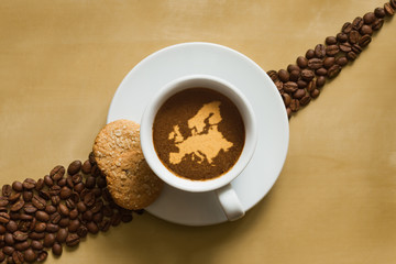 Still life - coffee with map of Europe continent