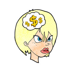cartoon woman thinking about money