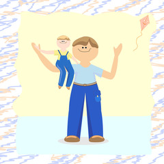 Fototapeta na wymiar Dad holding his son in his arms and rejoice, cartoon postcard. Vector illustration
