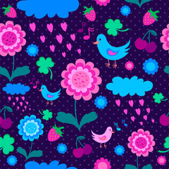 Fototapeta na wymiar Dark seamless pattern with birds, berries and flowers.