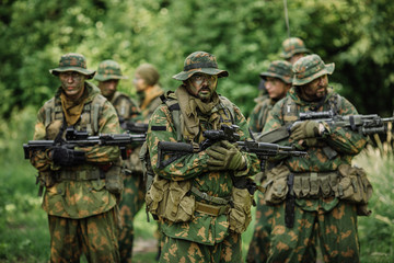 Fototapeta na wymiar Group of soldiers special forces during the raid in the forest