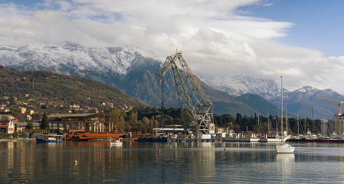 View of port in Tivat city. Winter in Montenegro
