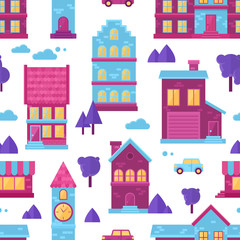 Flat city houses seamless pattern