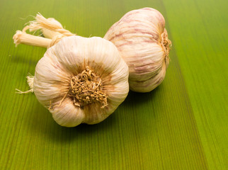 fresh garlic on green board close up
