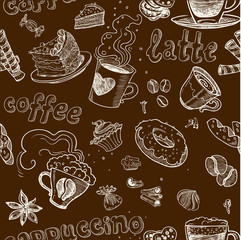 seamless pattern with coffee cakes pies latte and cappuccino on