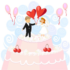 Wedding pink cake with figurines of the bride and groom with hearts and balloons. Vector Illustrator