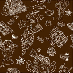 Dark seamless pattern of candy and ice cream