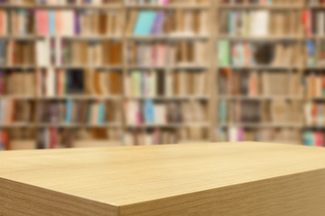 Empty wooden table and modern library background