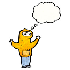 cartoon boy in hooded sweatshirt with thought bubble