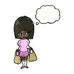 cartoon woman with shopping bags and thought bubble