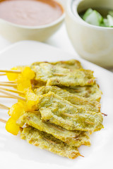 Grilled Pork Satay with Peanut Sauce and Vinegar, Thai food.