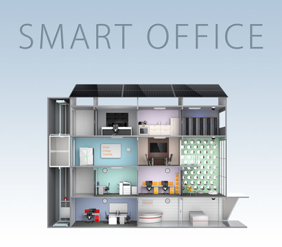 Smart office concept. Energy support by solar panel( With text)
