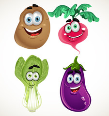 Funny cartoon cute vegetables - lettuce, radishes, eggplant, pot