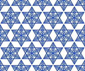 Star of David decoration tile with geometric vintage yew ornament in blue design, eps10 vector. Religious motif seamless background.