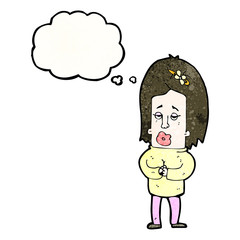 cartoon worried woman with thought bubble