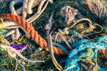 Background of old strings ropes and fishing net
