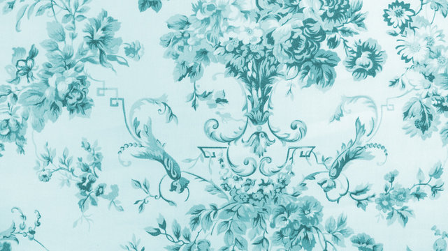 Retro Lace Floral Seamless Pattern on Light Blue Fabric Background Vintage Style