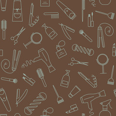 Beauty salon seamless pattern. Barber shop linear icons on brown background