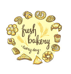 Set of bakery icons. Bread, cookies, cake, pie. Bakery background.