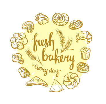 Set of bakery icons. Bread, cookies, cake, pie. Bakery background.