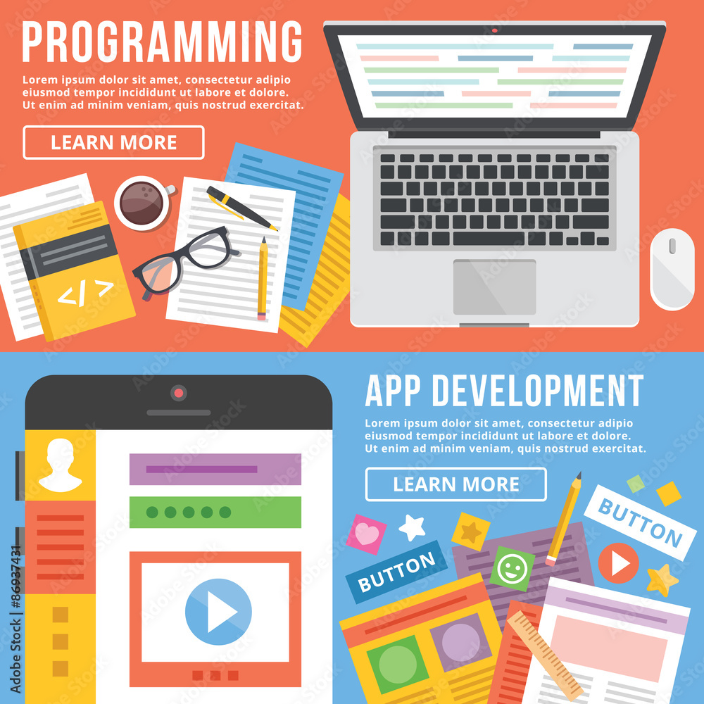 Aufkleber programming, app development flat illustration concepts set