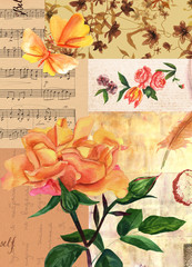 Collage with roses, butterflies, sheet music and other old papers