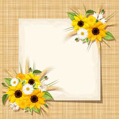 Vector card with sunflowers, daisy and ears of wheat on sacking.