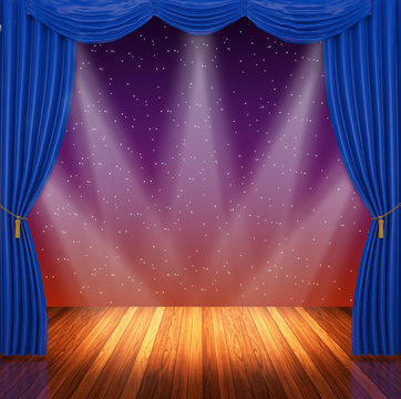Stage with  blue curtains and spotlight.