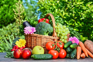 Variety of fresh organic vegetables and fruits in the garden
